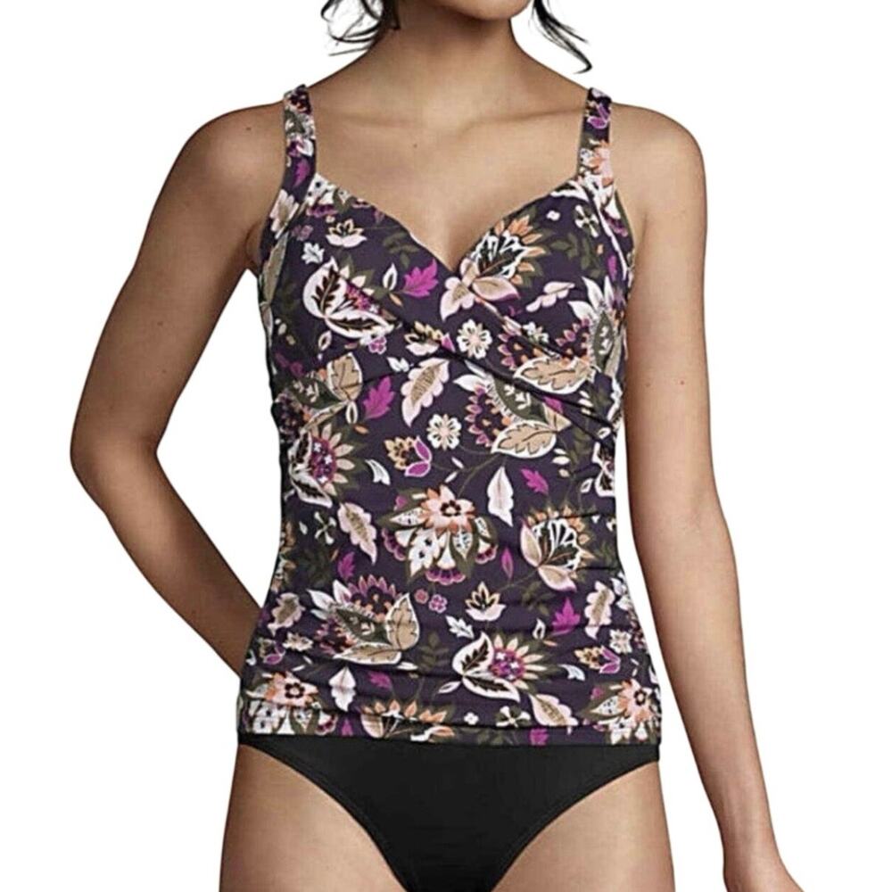 Lands End Blackberry V-Neck Wrap Tankini Swimsuit Top slimming Womens 20W EUC